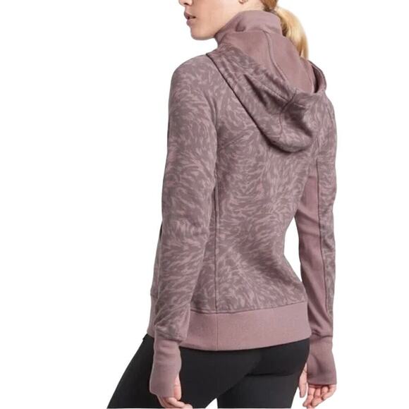 Athleta Triumph Printed Hoodie in Smoked Almond Brown Lynx Purple Print, Small - Picture 2 of 11